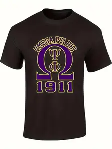 Omega Psi Phi Fraternity Men's Black Cotton Oversize T-shirt Casual Short Sleeve Tee with Purple Golden Symbolic Print Round Neck All Season Comfort 1911 Graphic Design Allseason Apparel Casual Style Machine Washable, PLUS SIZE