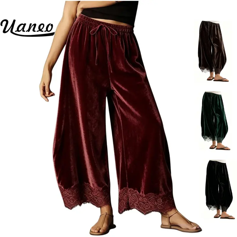UANEO Women's Velvet Lace Trim Pants, Cropped Wide Leg Trousers with Elastic Drawstring Waist and Pockets, Soft Casual Chic Pants