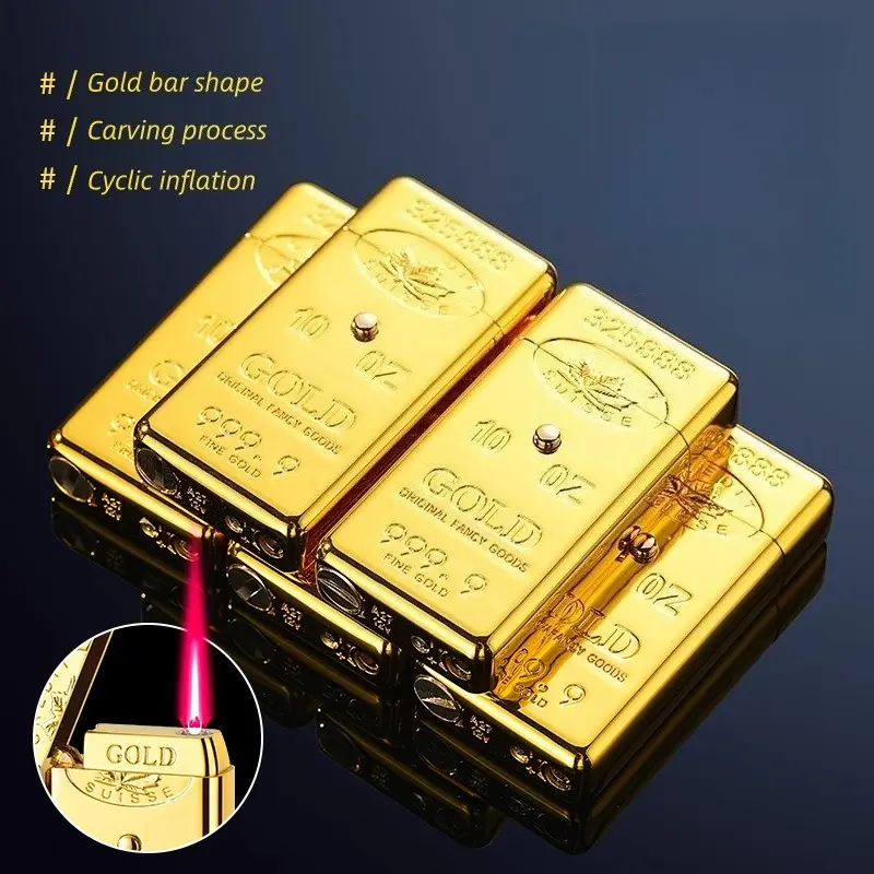 Outdoors Windproof Golden Brick-Shaped Red Flame Jet Lighter with Gift Box Packaging, Men's Gift (Excludes Butane Gas, No Battery), Torch Jet Lighter