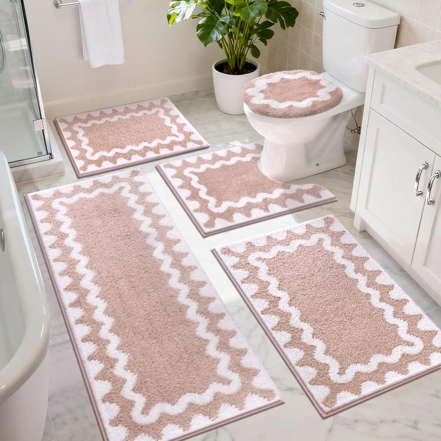 LOKHOM 5-Piece Modern Bathroom Decor Set, Multiple Square Water Absorbent Soft Non-Slip Washable Microfiber Shaggy Mats with Runner, U-Shaped Toilet Rug, Shower Rug & Toilet Lid Cover, Pink