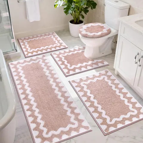 LOKHOM 5-Piece Modern Water Absorbent Mat Bathroom Set, Includes 20''x48'' Runner, 19''x21'' U-Shaped Toilet Rug, Shower Rug & Toilet Lid Cover, 0.78" Thick Plush Shag, Anti-Skid Washable Microfiber, Pink Bath Decor