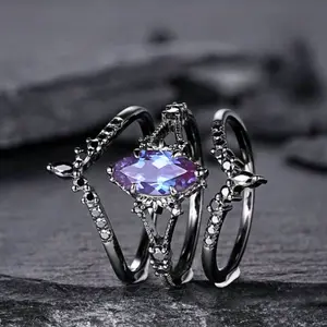 Fashionable Women's Shiny Synthetic Purple Zirconia Electroplated Black Engagement Wedding Ring, Bridal Ring, Anniversary Gift, Jewelry Accessory