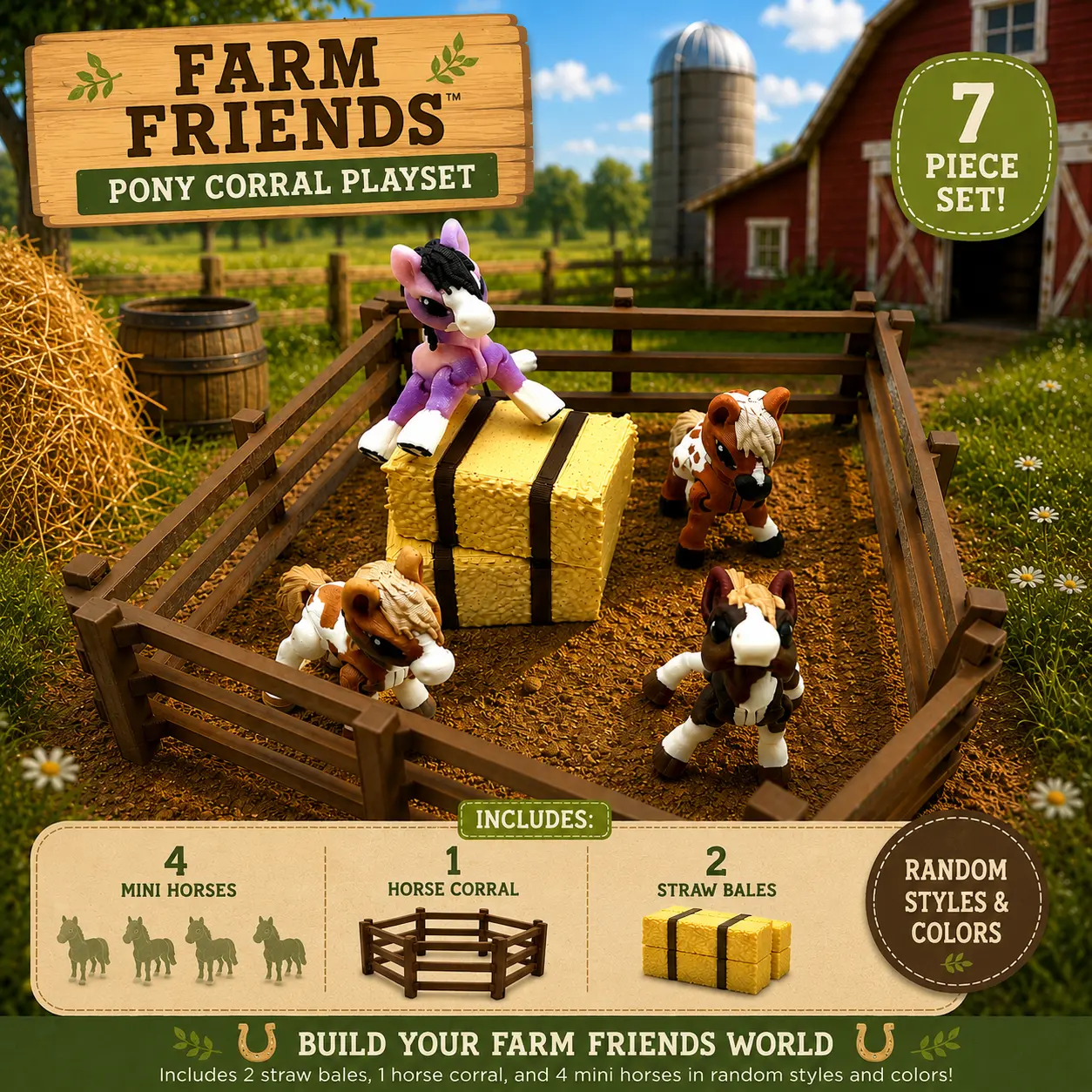 Farm Friends Horse Herd Starter Set | 4 Mini Horses, 1 Corral & 2 Straw Bales  articulating