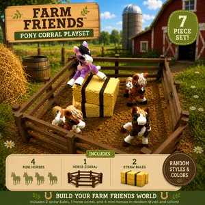 Farm Friends Horse Herd Starter Set | 4 Mini Horses, 1 Corral & 2 Straw Bales  articulating
