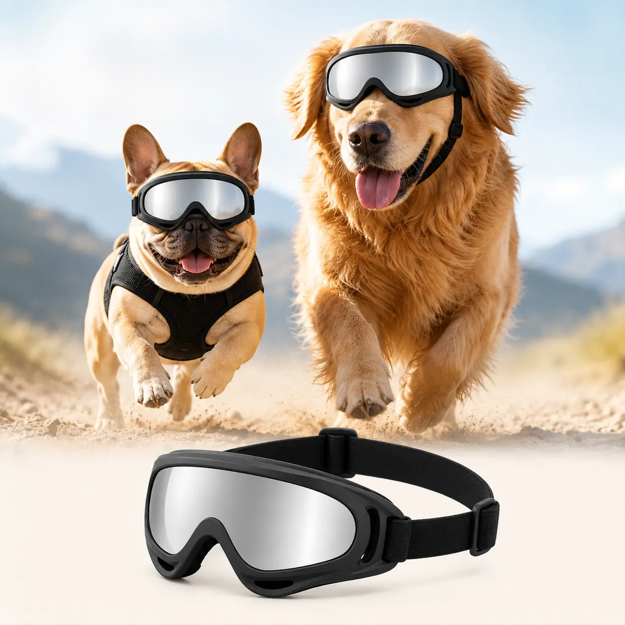 Dog Goggles for Small & Large Dogs, Windproof Outdoor Pet Eye Protection with Silver Mirrored PC Lens, Flexible TPU Frame, Airflow Vents and Dual Adjustable Straps for Walking, Hiking, Riding and Travel