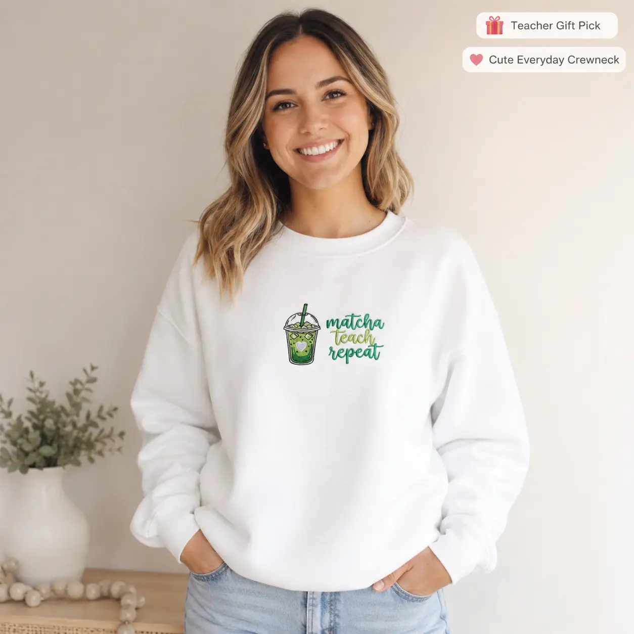 Matcha Teach Repat Embroidered Sweatshirt, Matcha Girlie Crewneck, Coquette Matcha Aesthetic Crewneck, Cute Green Tea, Teacher Gift
