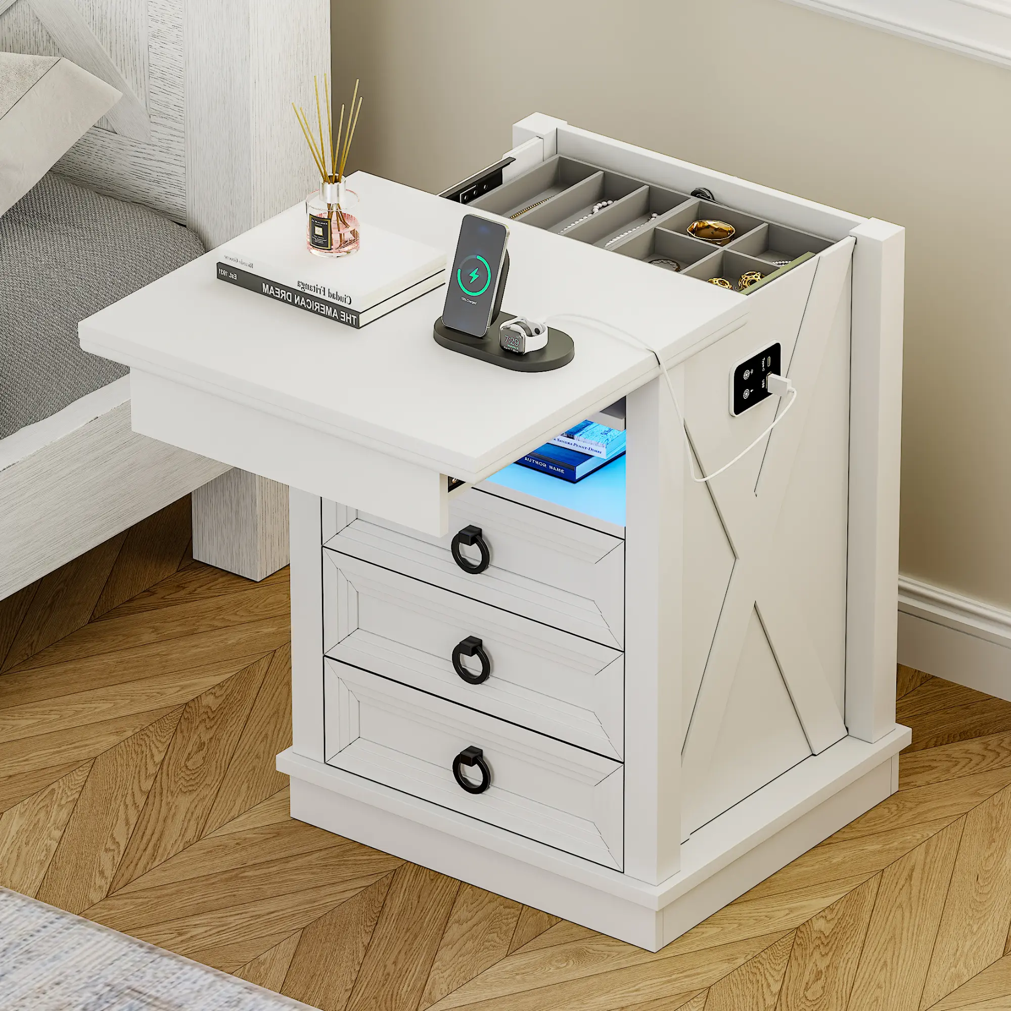 Lvifur Farmhouse Modern Nightstand with Wooden Tabletop, 3-Drawer Storage (Including Lockable Gun Drawer), Human Sensor USB-Type-C Charging Station, 3-Color Dimming Lights, Adjustable Brightness, Room for Keys Phones Books
