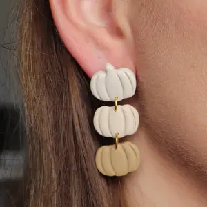 Neutral Triple Pumpkin Dangle Earrings - Polymer Clay Earrings, 14K Gold Plated Surgical Steel Post, Lightweight and Durable