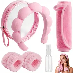 5PCS Spa Headband & Wristband Set with Makeup Remover Towel + Mini Spray Bottle + Travel Makeup Bag | Soft Terry Headband & Absorbent Wristbands | Skincare, Makeup, Face Wash & Travel Self Care Kit for Women & Teen Girls