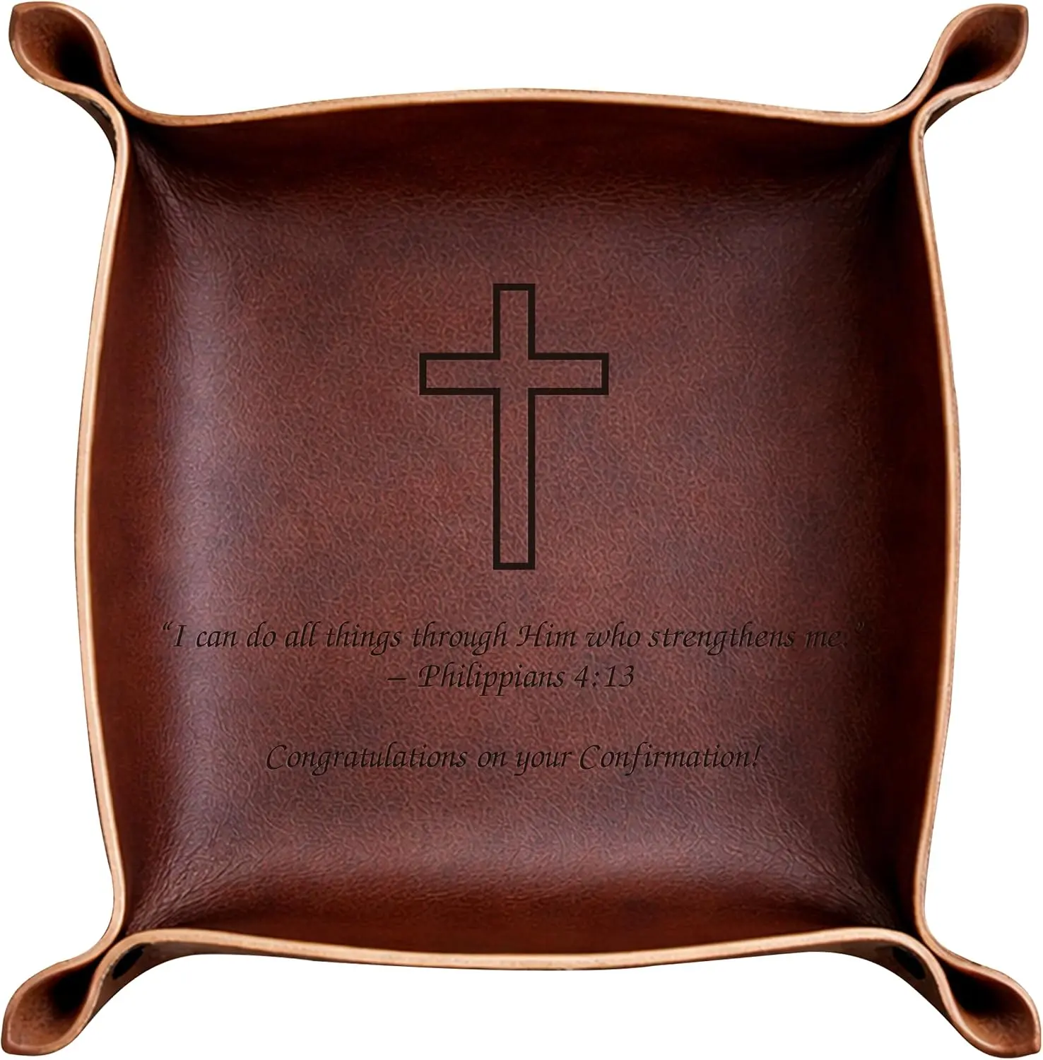 Personalized Engraved Leather Catchall Tray, Confirmation Gift for Boy, Confirmation Ceremony Present for Christian Boys, Bible Verse Tray, Teen Boys Baptism Gift from Dad and Mom
