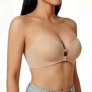 LUCKMEEY Womens Strapless Front Closure Bra Push Up Padded Add Cup Non Slip Wireless Supportive  Seamless Comfortable Tube Jelly Bra A to C Cup