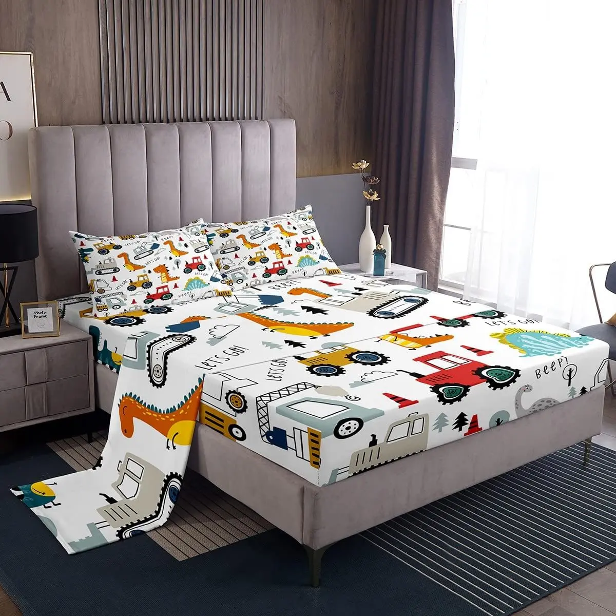 Feelyou Multi-Size Bedsheet Sets - Cartoon Dinosaur, Construction Vehicle Prints, Soft Breathable Bedding, Deep-Pocket Fitted Sheet, Equipment Truck Linens for Friends, Family, Bedroom Decor