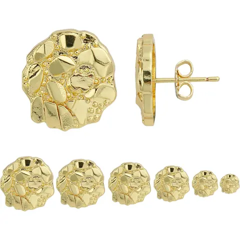 14k Gold Plated Round Rough Textured Cookie Nugget Stud Earrings For Men/Women Unisex