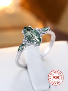 S925 Sterling Silver Natural Agate Ring, Engagement Ring for Women, Elegant Jewelry for Party, Daily Decor, Trendy All-match & Exquisite Jewelry for Birthday Gift, Marquise Wedding Bands