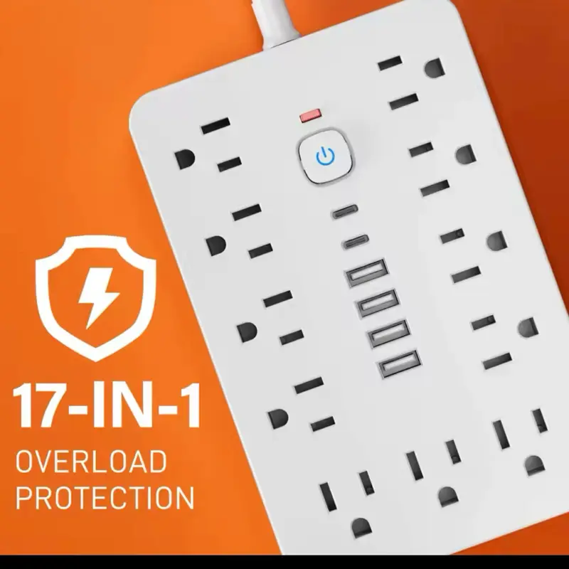 Power Strip with 11 AC Outlets & 6 USB Ports Including 2 USB-C Ports Individual Switches 5 ft or 10 ft Cord 17-in-1 Overload Protection