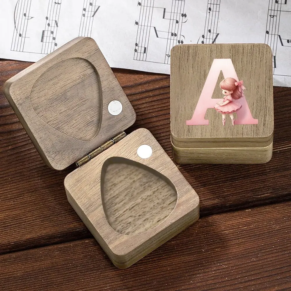Wooden Single Guitar Pick Case | Stylish Plectrum Holder with Natural Finish | Minimalist Design Guitar Accessory | Durable Storage Box for 1 Pick | Ideal Gift for Guitarists & Musicians | A-Z Letter & Ballerina Pattern