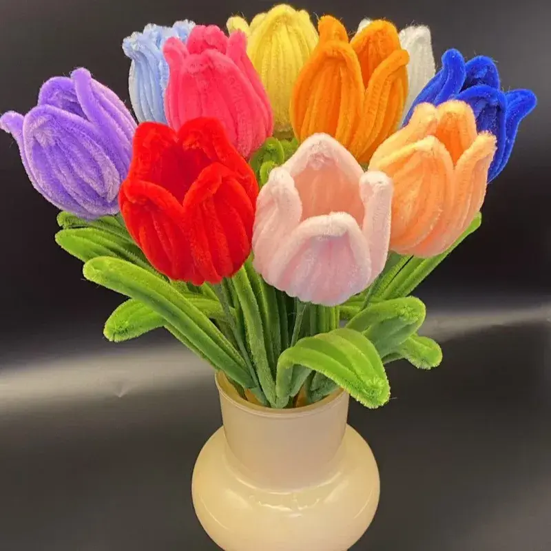 Artificial tulip flower ready-made twisted rod wool crochet tube cleaner craft flower bouquet for home and wedding decoration