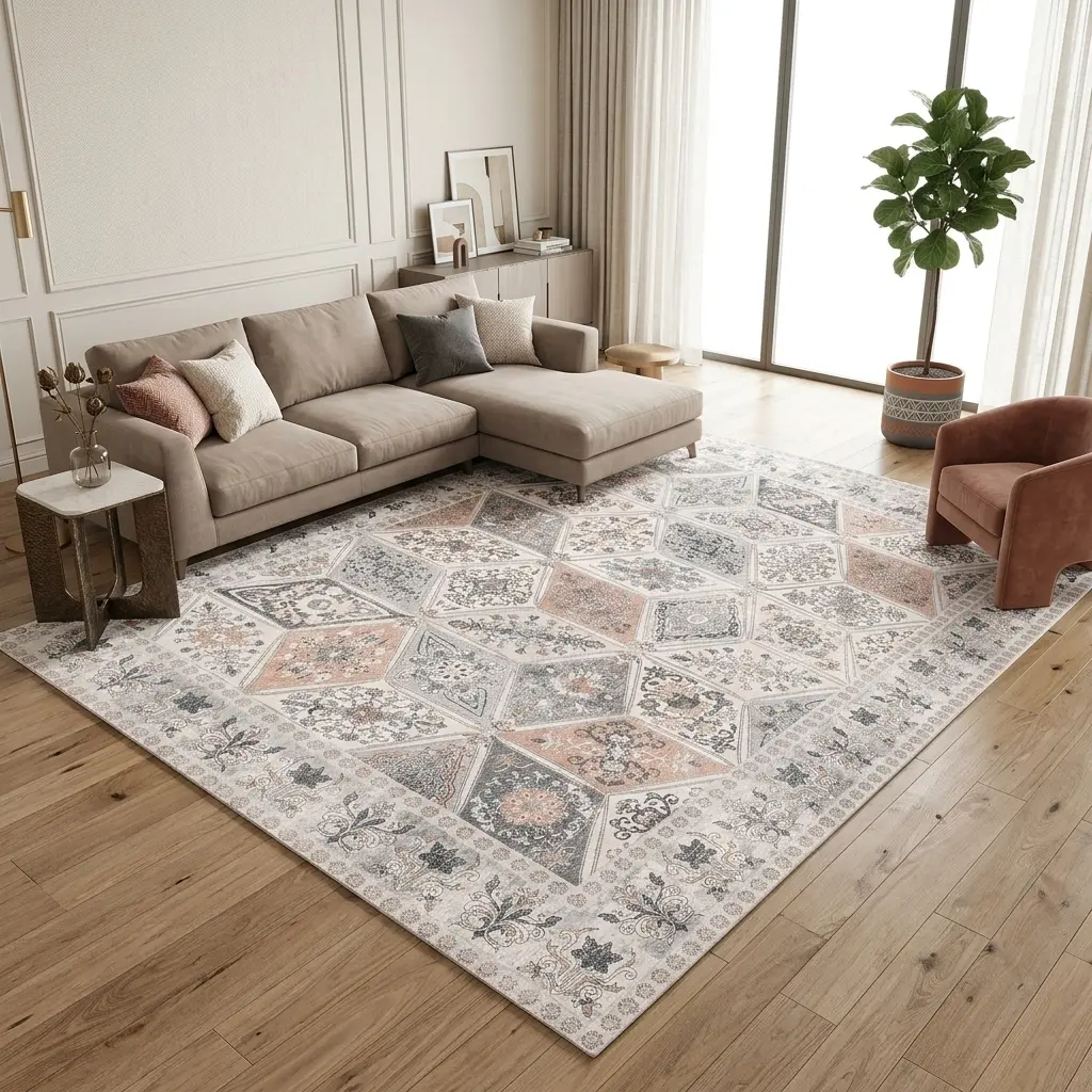 【SohoChic】KOPOEELK Vintage Floral Patchwork Area Rug for Living Room Bedroom, Soft Low-Pile Boho Carpet, Non-Slip Washable Indoor Floor Rug, Neutral Aesthetic Home Decor for Apartment Dorm and Entryway，aesthetic rugs， alfombras para sala，Christmas Gifts