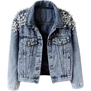 Women's Jean Jacket Embroidered Rivet Pearl Short Denim Jacket Coat