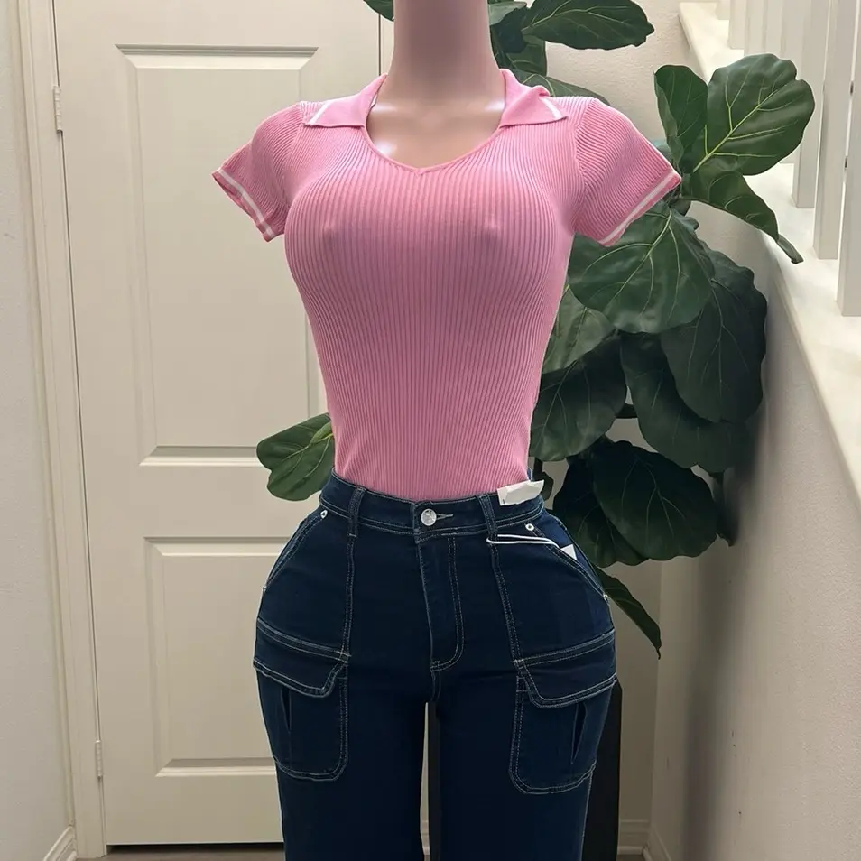 Light Pink Bodysuit - Short Sleeve Top with Ribbed designed