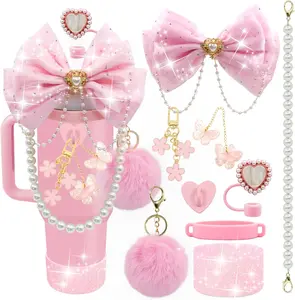 Bling Stanley Cup Accessories for 40/30/20 oz Tumbler with Handle Including Glitter Bow Straw Topper, Heart Straw Cover, Pearl Water Bottle Handle Strap, Boot, Pom-Pom, Keychain Charms(Pink)