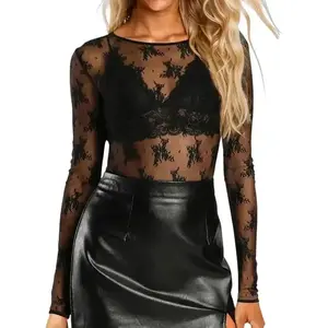 Women's Lace Long Sleeve Tops Mesh Sheer Blouse See Through Floral Concert Outfits Party Lace Undershirt Womenswear Crewneck colorful  top