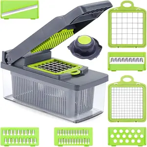14-in-1 Multifunctional Vegetable Chopper w/Container, Veggie Cutter w/Dicer, Slicer, Shredder & Grater for Onion Safe Kitchen Tool