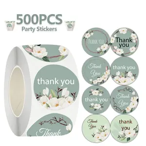 Flower Pattern Thank You Sticker (500pcs/roll), Round Label Sticker, Gift Wrapping Decorative Sticker for Wedding Party & Birthday