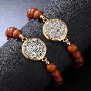 Wooden Beads Rosary Bracelet Catholica Medalla de San Benito Bracelet Adjustable Braide String St Benedict Bracelets for Men Women