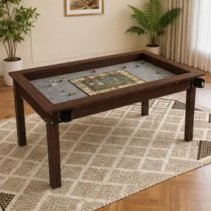ARCH 63x40 Inch Board Game Table with Removable Top for Dining and Gaming, 4-6 Player Table with Solid Wood Legs, Non-Slip Leatherette Play Mat, Rotating Cup Holders, Rustic Brown, Rustic Brown Color Options, Solid Wood+MDF Material