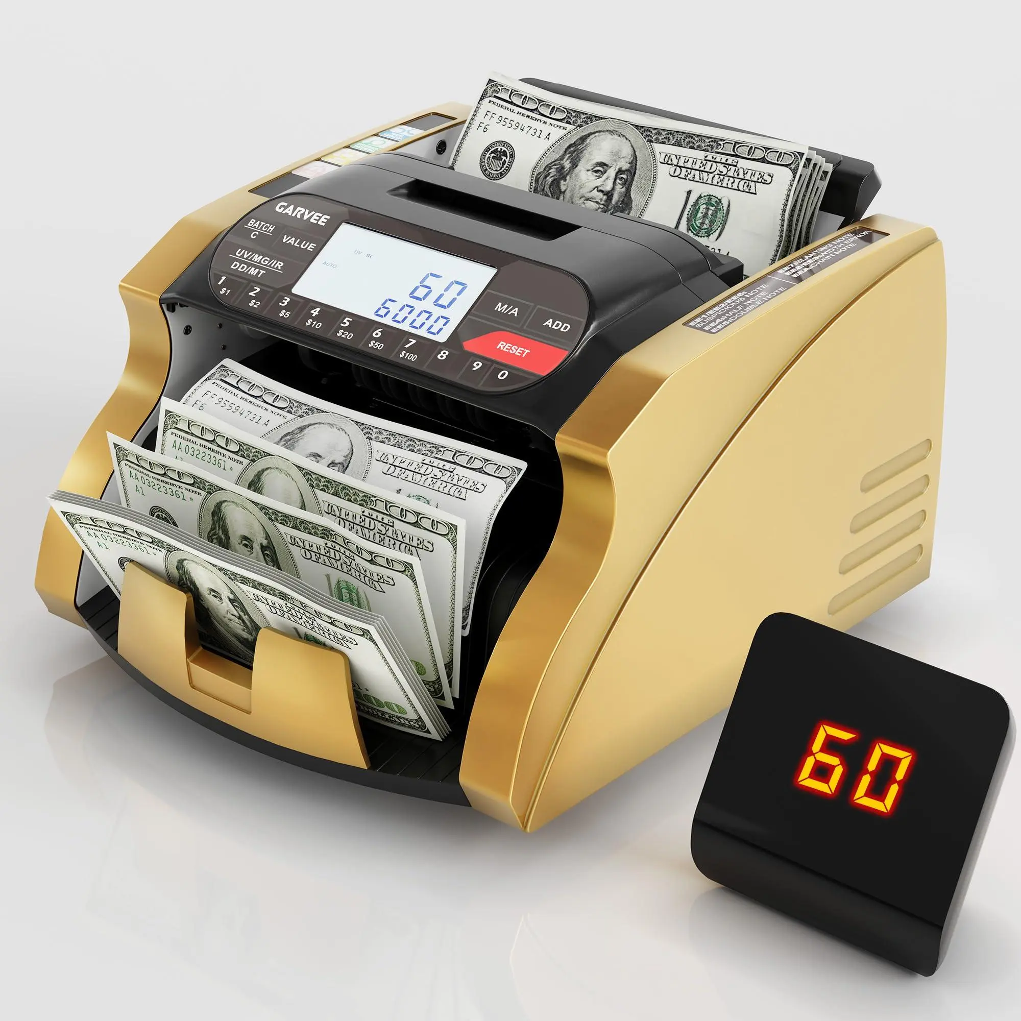 Garvee Professional Money Counter Machine for Financial Offices - Value Counting with Advanced UV/MG/IR/DD/MT Detection, Add & Batch Modes, LCD Display - Efficient for Cash Handling - US Standard