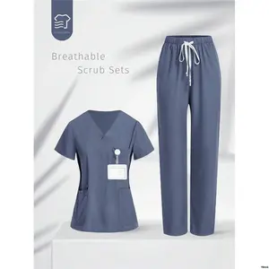 ScrubSets NeckShortSleeveTailoredBlouseAndDrawstringStraightLegCasualPants - TaskEZUniformSet : V