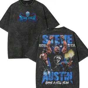 Stone Cold Austin Retro Graphic T Shirt WrestleMania 41 Merch Heavy Washed Cotton Unisex Oversized Tee Vintage Wrestling Streetwear Casual Daily Fashion Top for Wrestler Fans GOO