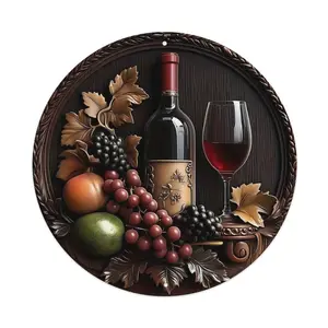 Wine And Grapes Round Iron Sign - Heavy-Duty, Waterproof, Pre-Drilled, Weather-Resistant, HD Printing - Premium Quality Wall Decor For Home, Bar, Cafe - Metal Art, 8x8 - Single Pack, metal wall sign Vintage Metal Tin Sign home decor plaque funny bar sign