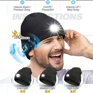Bluetooth Beanie with Light, Unisex USB Rechargeable 4 LED Fashlight Hat with Cordless Headphones, Usb Charging Hat, Christmas Birthday Gifts for Men Husband Teen Knit Balaclava Outdoor Activities cycling