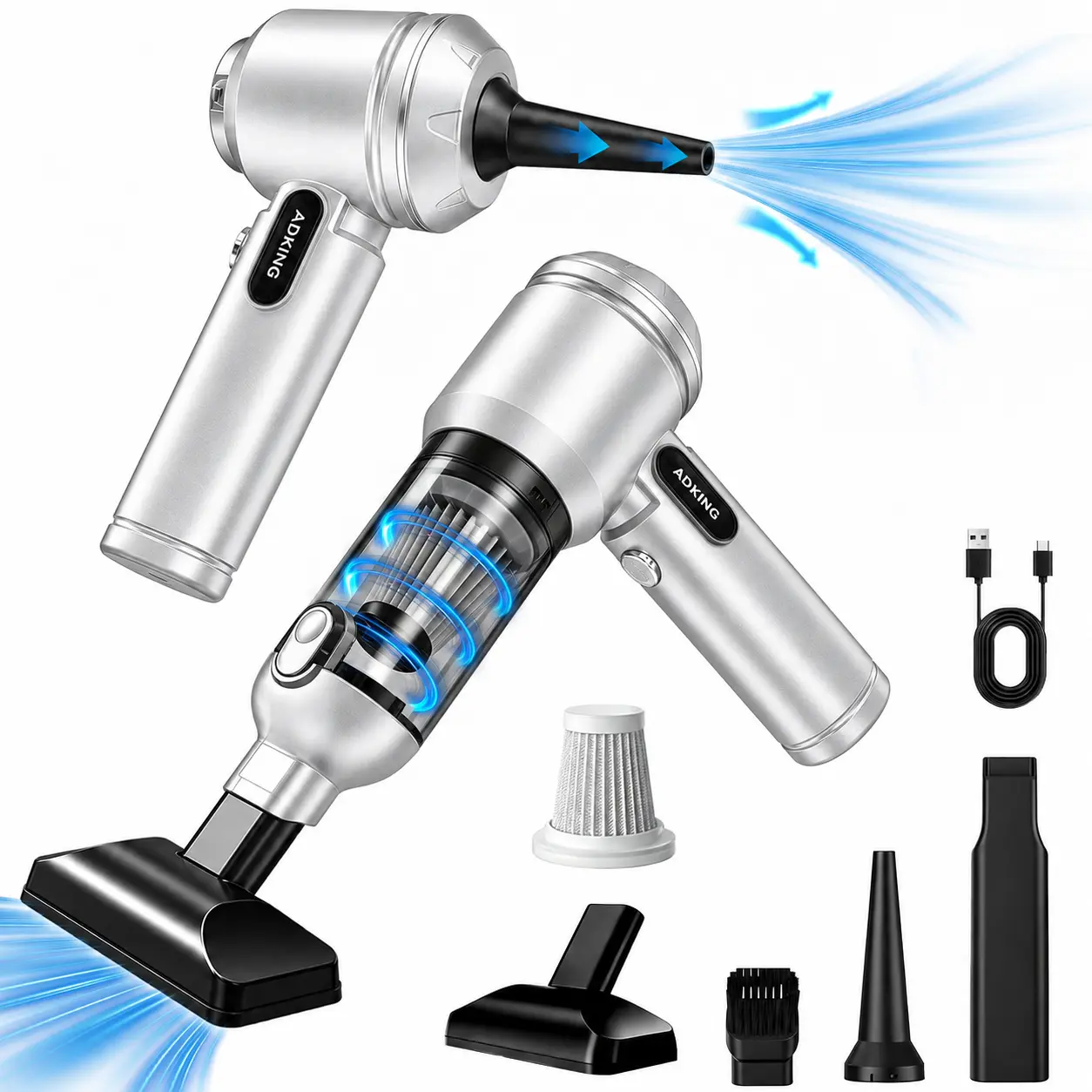ADKING Mini Cordless Handheld Vacuum Cleaner - 2-in-1 Car Vacuum & Air Duster with 6000 Pa Suction, 86000 RPM Motor, 1-Touch Dust Emptying, Multiple Attachments for Car, Home, Pet Hair, Dust, Crumbs