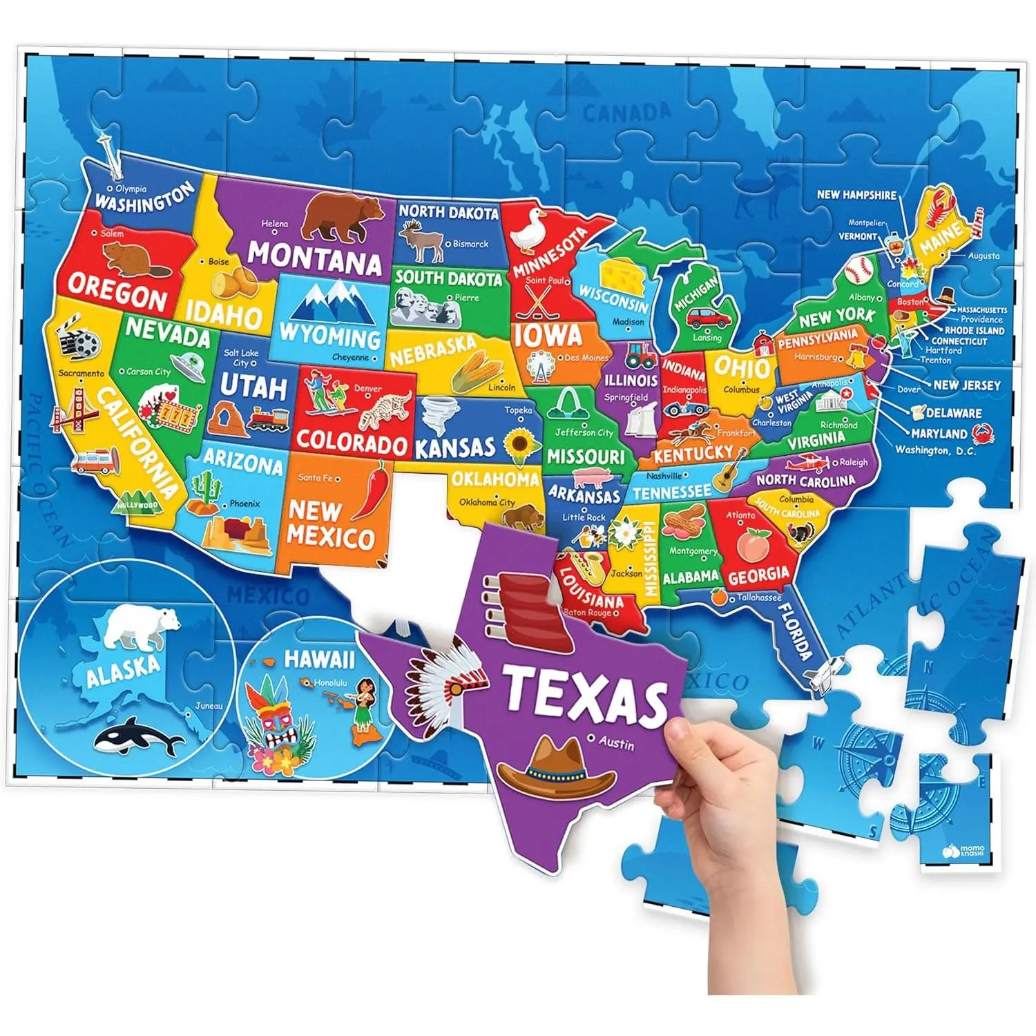 70-Pcs USA Map Chipboard Puzzle for Kids Ages 4-6 - Educational America Toy for Boys & Girls with 50 States & Capitals, Floor Jigsaw - Back to School, Thanksgiving, Easter Gifts