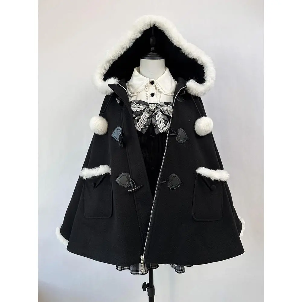 Women's Asia Size Alt-Fashion Gothic Dark Academia Hooded Jacket - Punk Skeleton Print Woolen Long Coat, Autumn-Winter Subcultural Fishnet-Lace Accented Tops for Women Outerwear