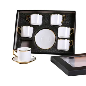 Porcelain Tea and Saucers Set of 6,3oz/90ml Luxury Coffee Cups Set with Golden Trim,British Royal White Tea Gift Sets,Dishwasher & Freezer Safe (Style B)