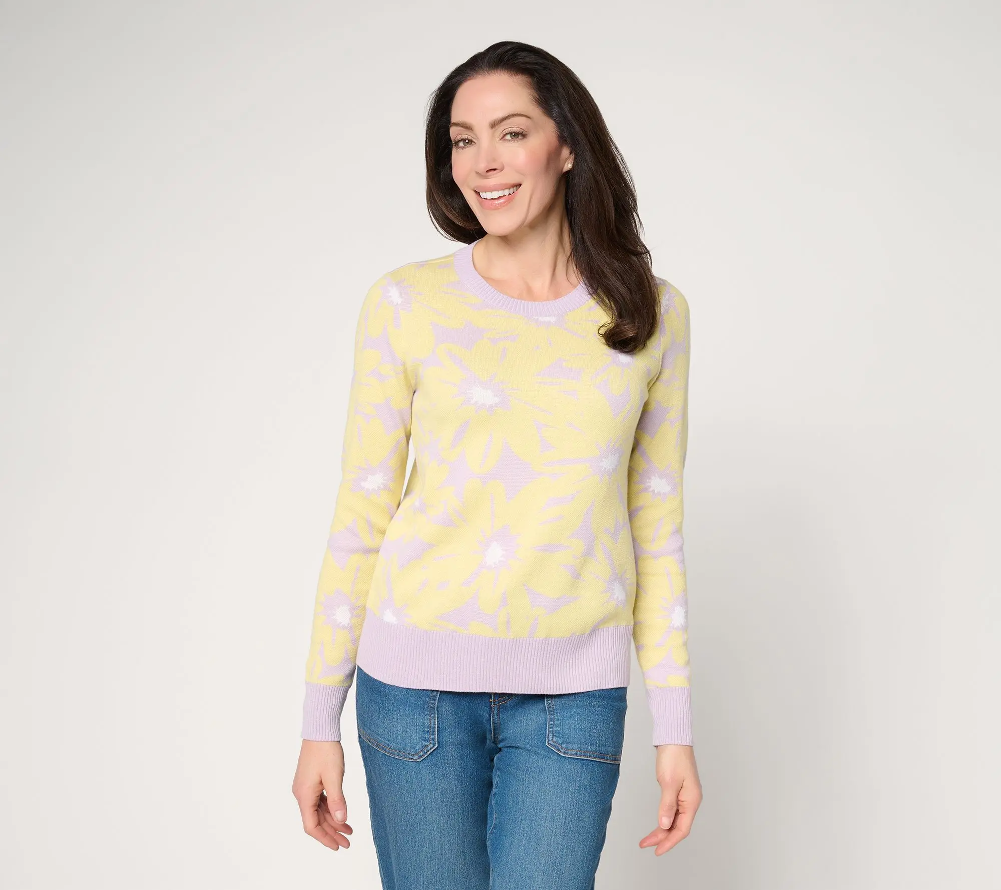 AnyBody Cotton Jacquard Crew Neck Pullover Sweater