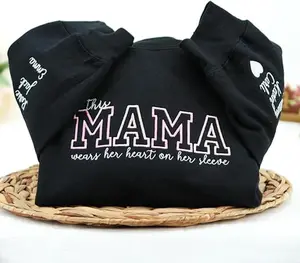 Custom Embroidered Mama Wears Her Heart on Her Sleeve Sweatshirt – Personalized Mama Gifts from Daughter, Gift for Mother’s Day, Birthday