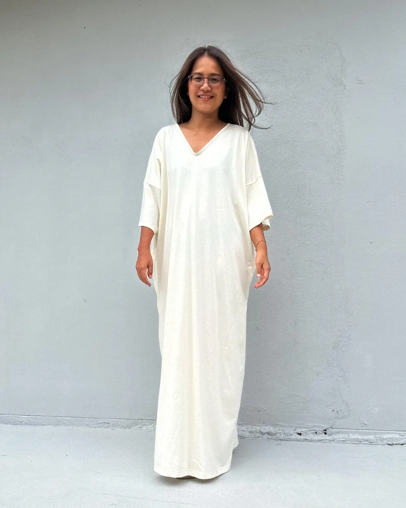 Women's Solid Cream Cotton T-Shirt Kaftan - Effortless, Endlessly Pairable Casual Dress, Jersey Cotton, Waist-Defining