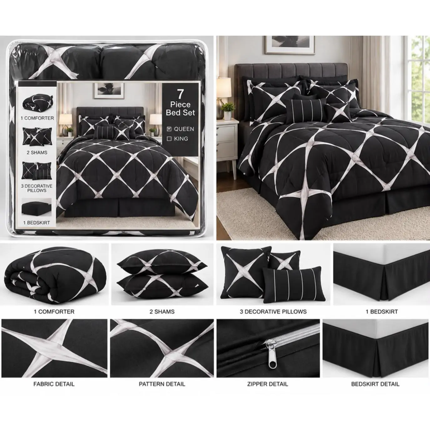 7 Piece Bed Set in Black Purple Red with Comforter Shams Decorative Pillows and Bedskirt for Queen King Size
