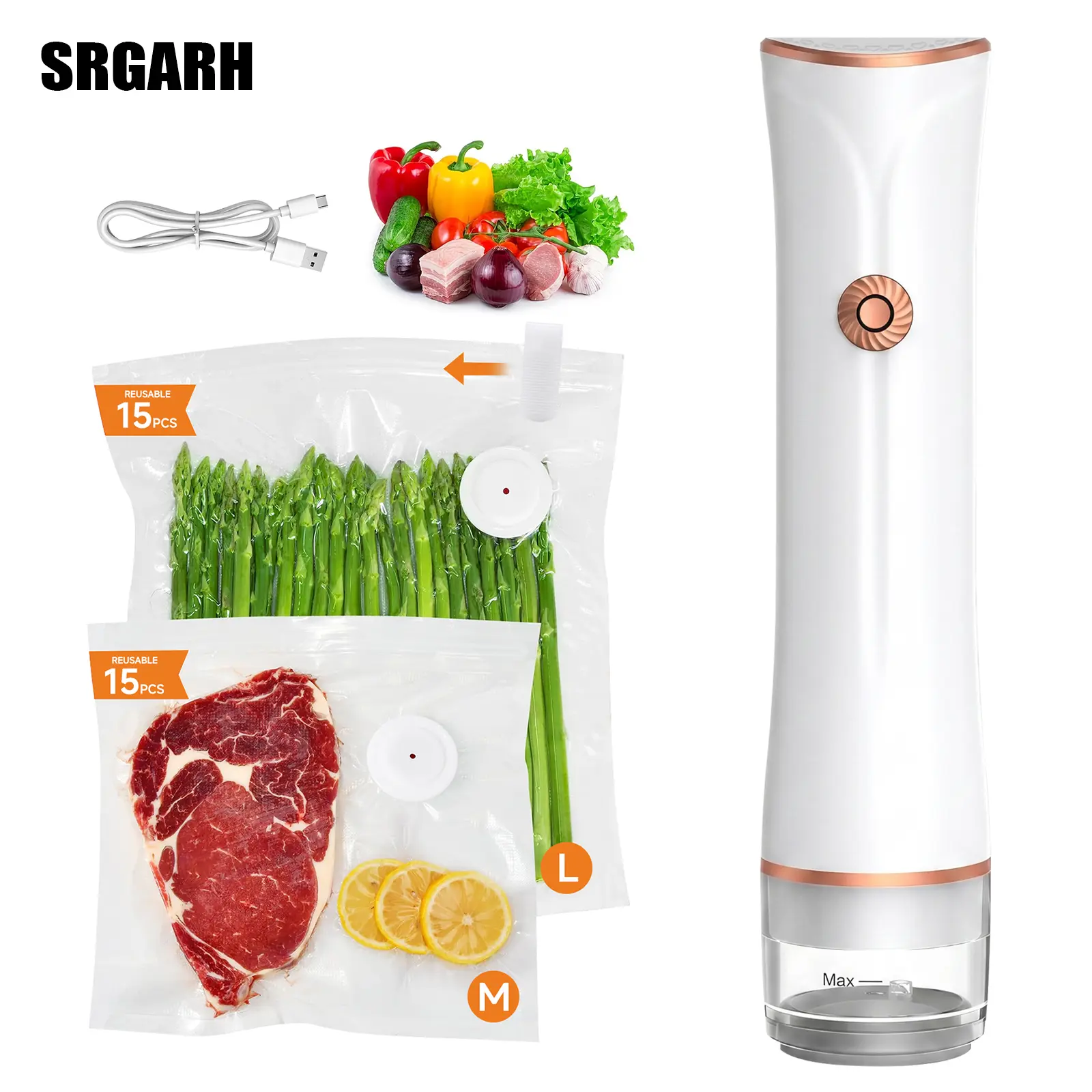 Handheld Vacuum Sealer Machine for Food Preservation, Portable Cordless Electric Vacuum Pump Kit with Auto-Stop Sensor, Wet & Dry Modes, 30 Reusable  Vacuum Bags for Kitchen, Camping, Travel