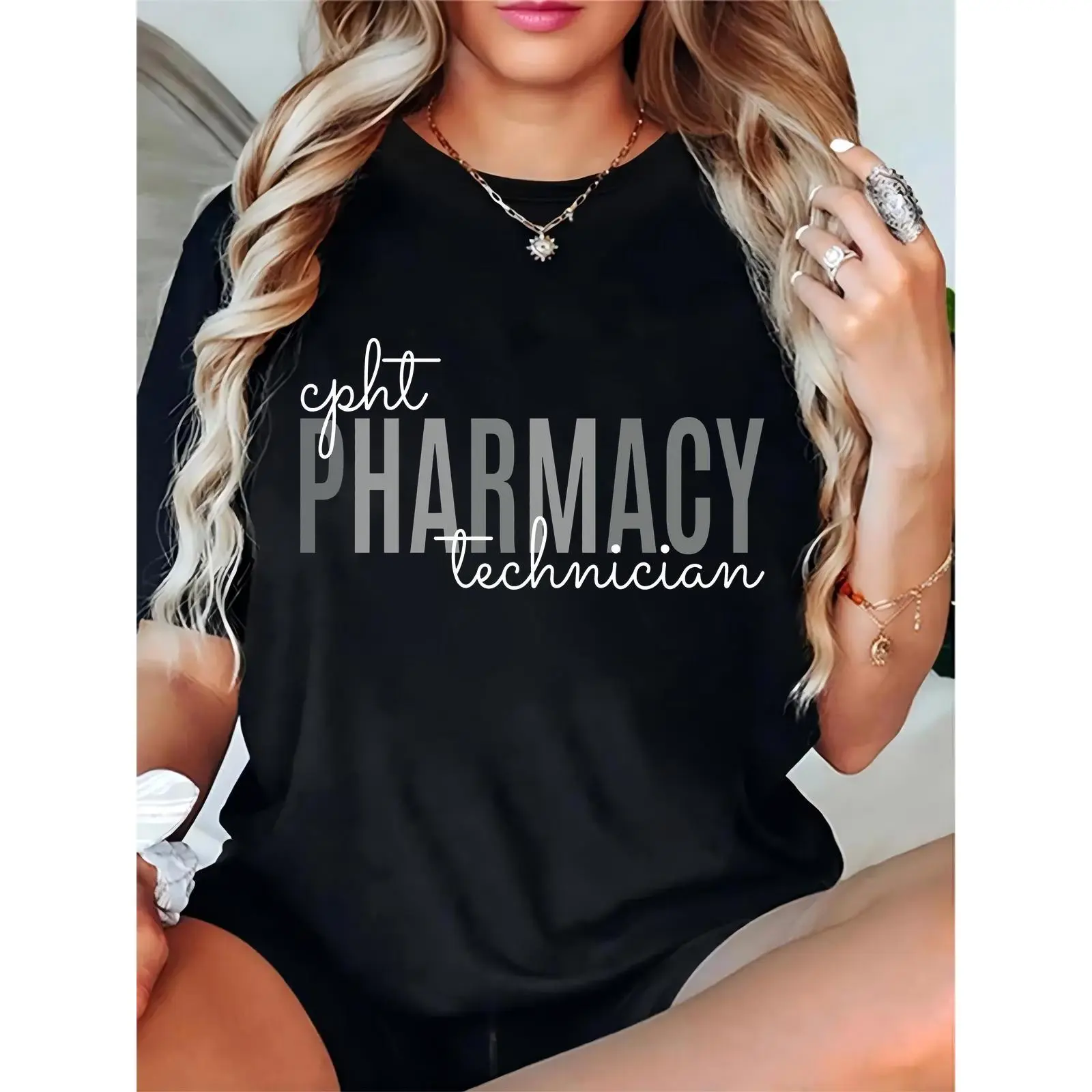 Women's Black CPHT Pharmacy Technician T - Shirt, Casual Professional Crew Neck Tee for Pharmacy Techs, Comfortable Top for Work & Daily Wear