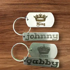 king and queen metal keychain with names laser engraved on (note when purchase message me of the names you want on them) order comes in a set