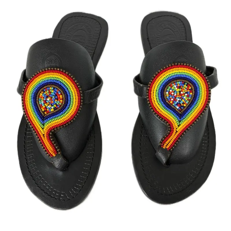 African Maasai Colorful Sandals - 100% Handmade in Africa with Rainbow Bead Design