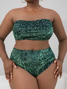 Two-Piece Set Plus Size Leopard Print Bandeau Bikini Set, Casual Strapless Swim Top & High Waist Swim Bottom, Women's Two-piece Swimsuit for Summer Beach Holiday Vacation, High Waisted Swimsuits, Bikinis Sets, High Waist Swimwear