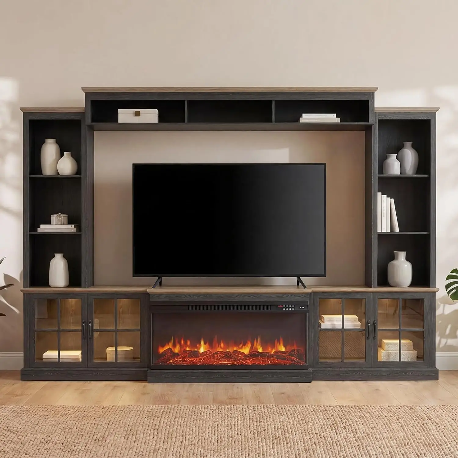 98 In Farmhouse TV Stand Furniture - 36-in Fireplace, Wood Bookshelf, Wine Cabinet, Fits 75-in TVs, Wall Unit Media Console with Power Outlets & Barn Doors for Living Room (3 Packages Shipping, White)