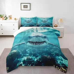 Shark Comforter Set,3D Shark Bedding Set,Ocean Wave Sea Animals Duvet Insert,Ocean Sea Wave Quilt Blue White